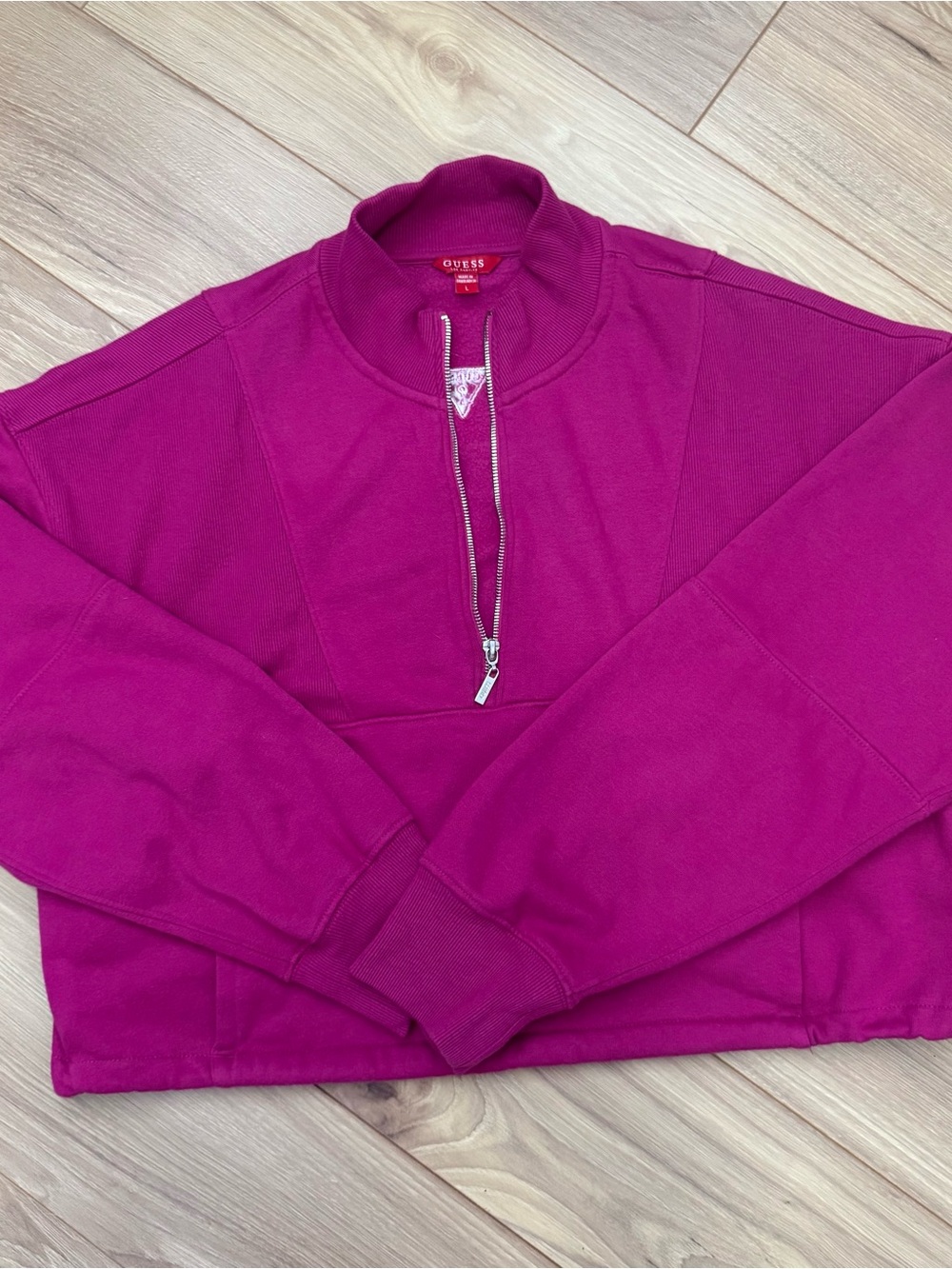 Guess Fuchsia Half-Zip Cropped Pullover Sweater